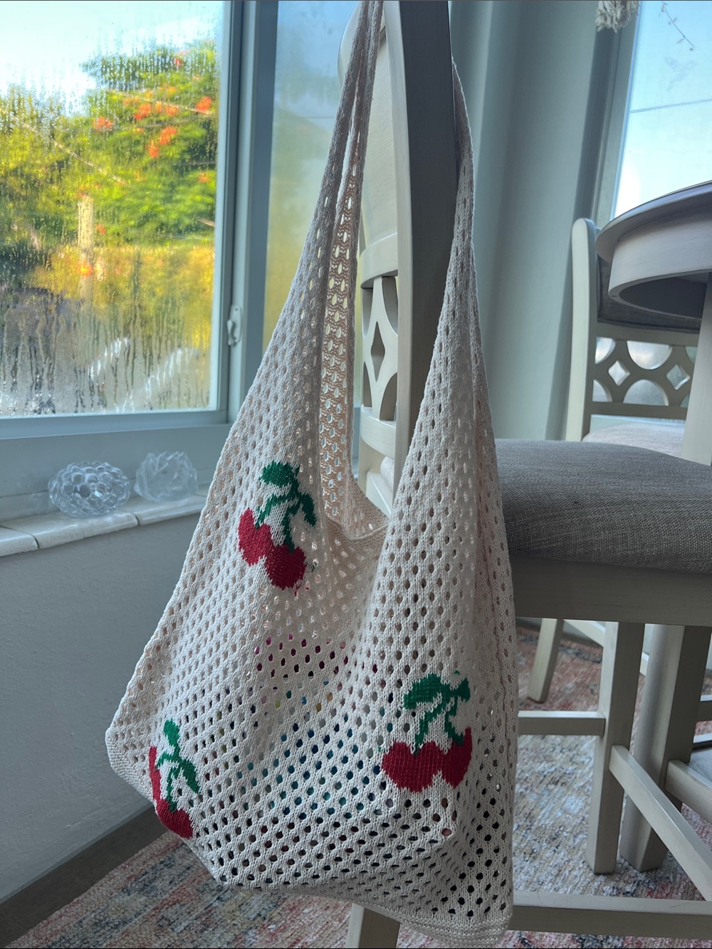 Cream Crochet Cherry Market Tote Bag